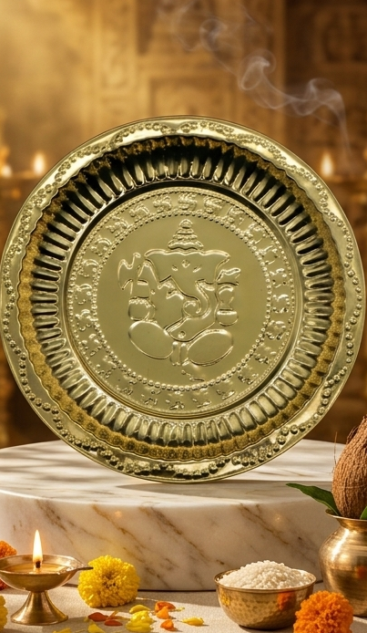 Decorative gold plate with a central design on a marble surface with candles and flowers.