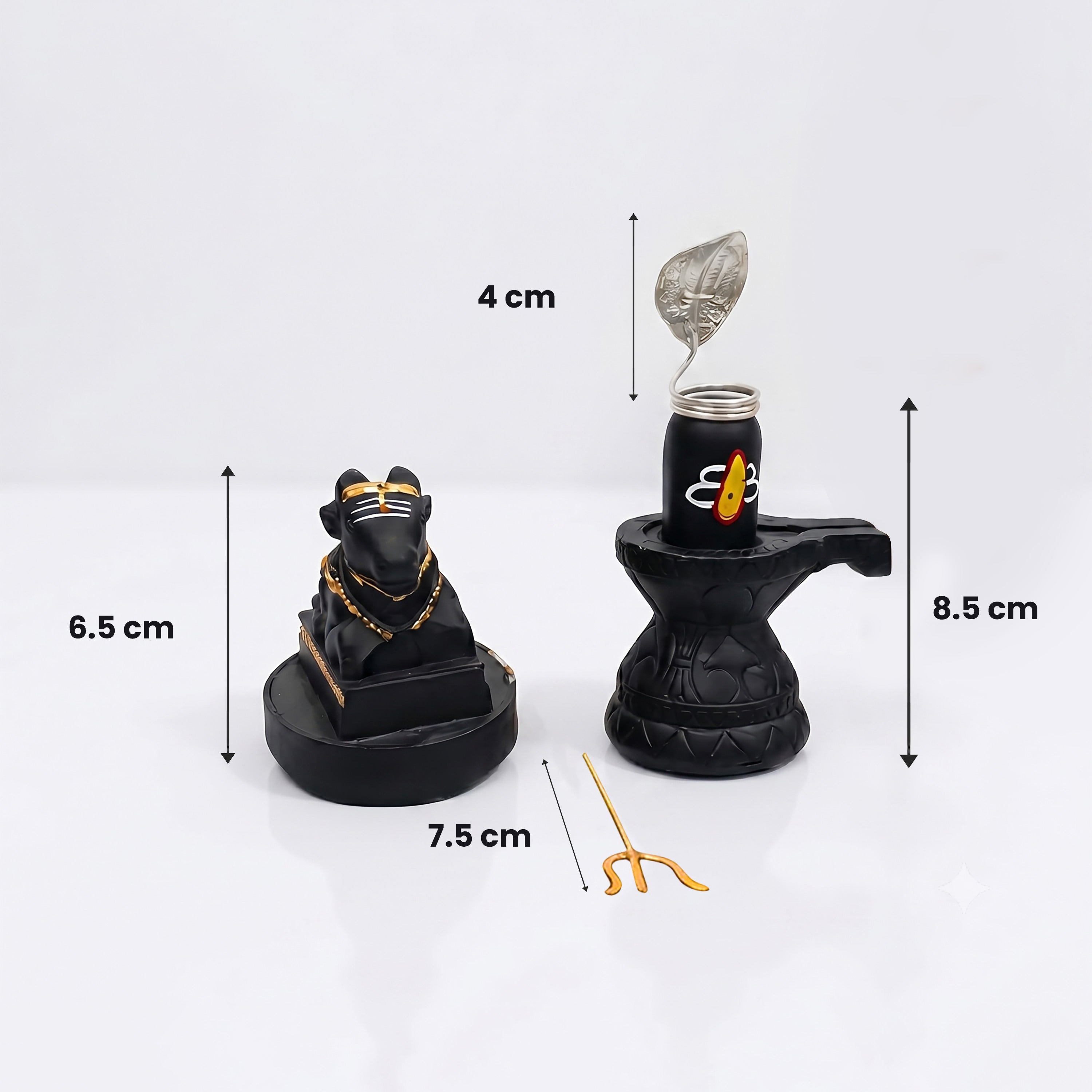 Black decorative item with measurements on a white background