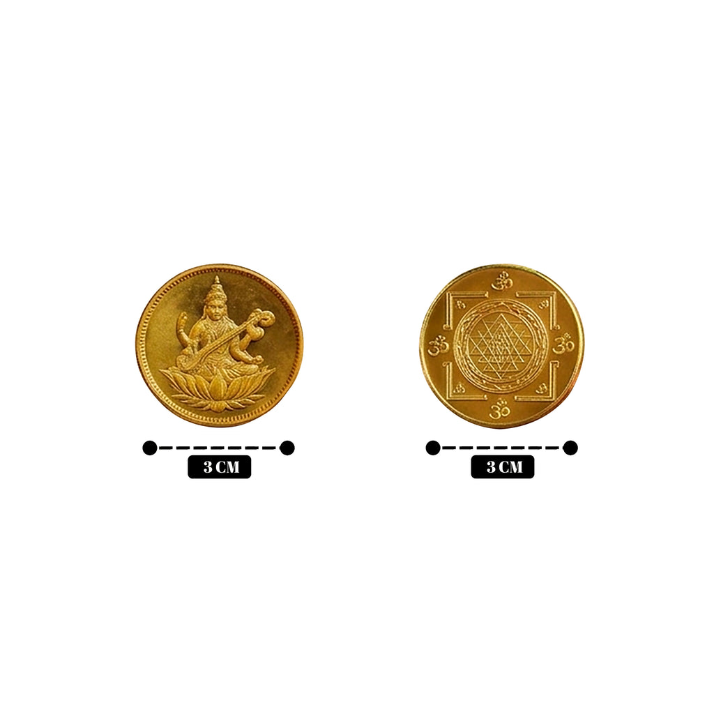 Two gold-toned circular coin-like pieces shown side by side on a white background, each labeled 3 cm wide. The left piece shows an embossed deity figure on a lotus, and the right piece shows a geometric sacred-square style symbol.