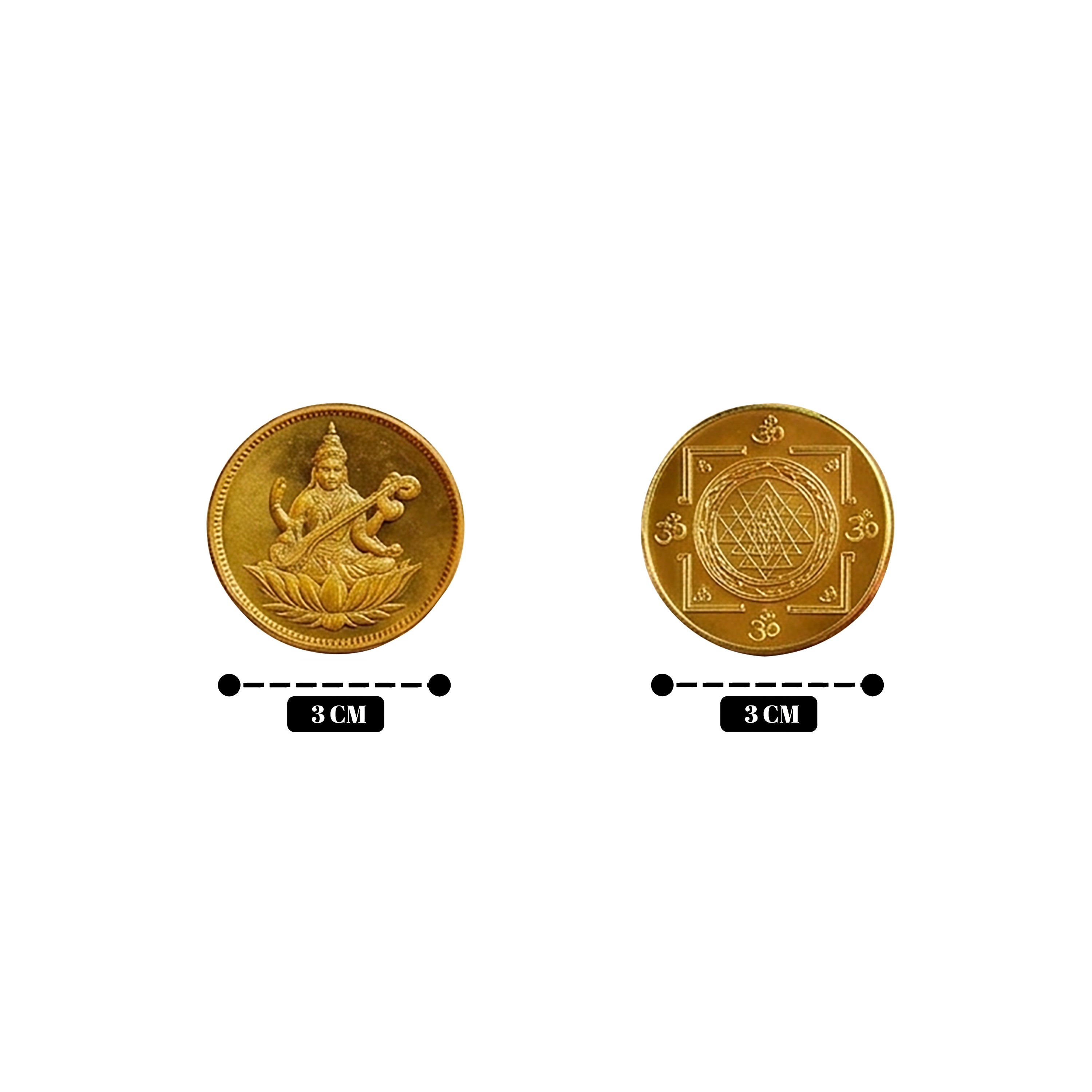 Two gold-toned circular coin-like pieces shown side by side on a white background, each labeled 3 cm wide. The left piece shows an embossed deity figure on a lotus, and the right piece shows a geometric sacred-square style symbol.