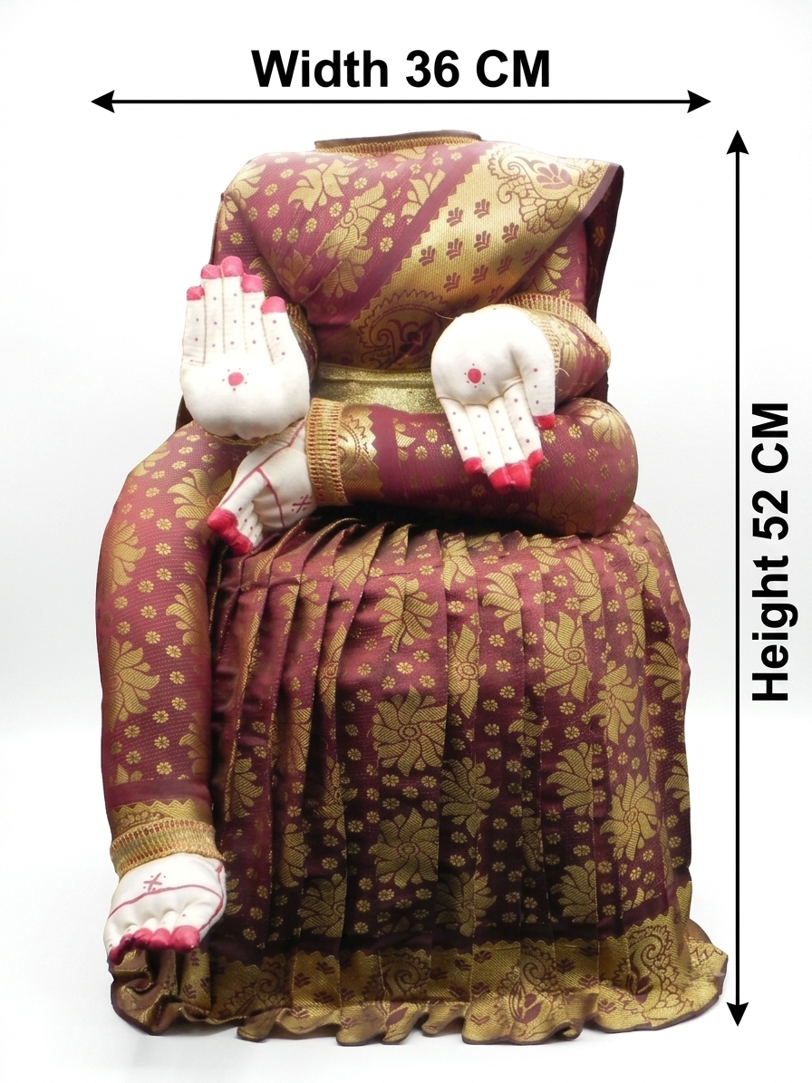 A decorative seated figure or doll dressed in a richly patterned sari, shown against a plain white background with measurement arrows and text indicating width 36 CM and height 52 CM.