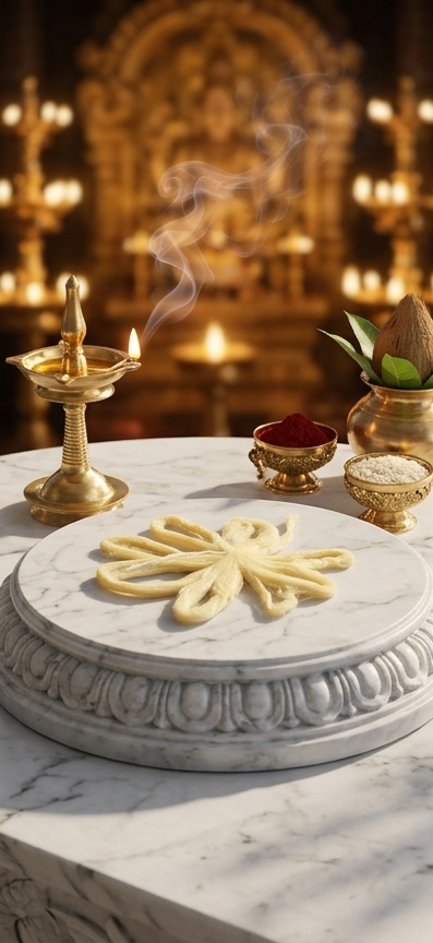 Decorative arrangement with floral design on a marble surface, surrounded by candles and small bowls.