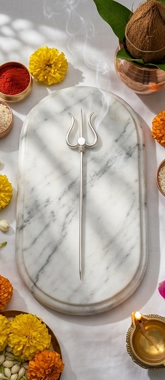 Triptych of a marble tray with a trident, surrounded by decorative elements on a table.