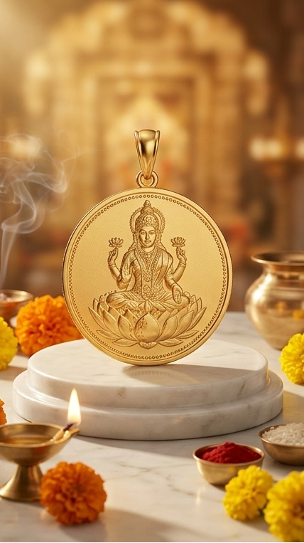 Gold pendant with an engraved design on a marble base with decorative items.