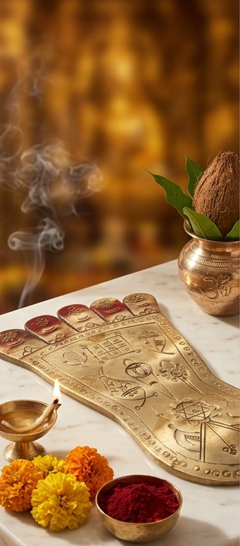 Collage of gold footprints with intricate designs on a decorative setting.