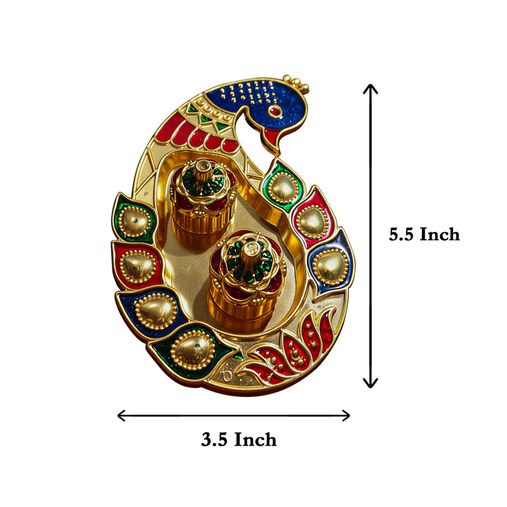 Decorative item with peacock design and measurements on a white background