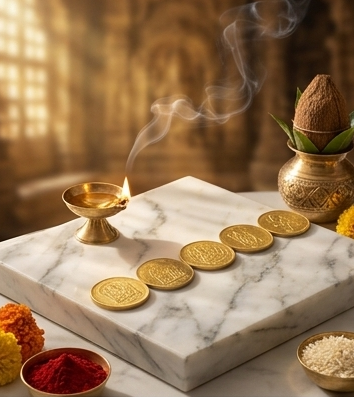Collage of gold coins, flowers, and candles on a marble surface with a warm, inviting background.