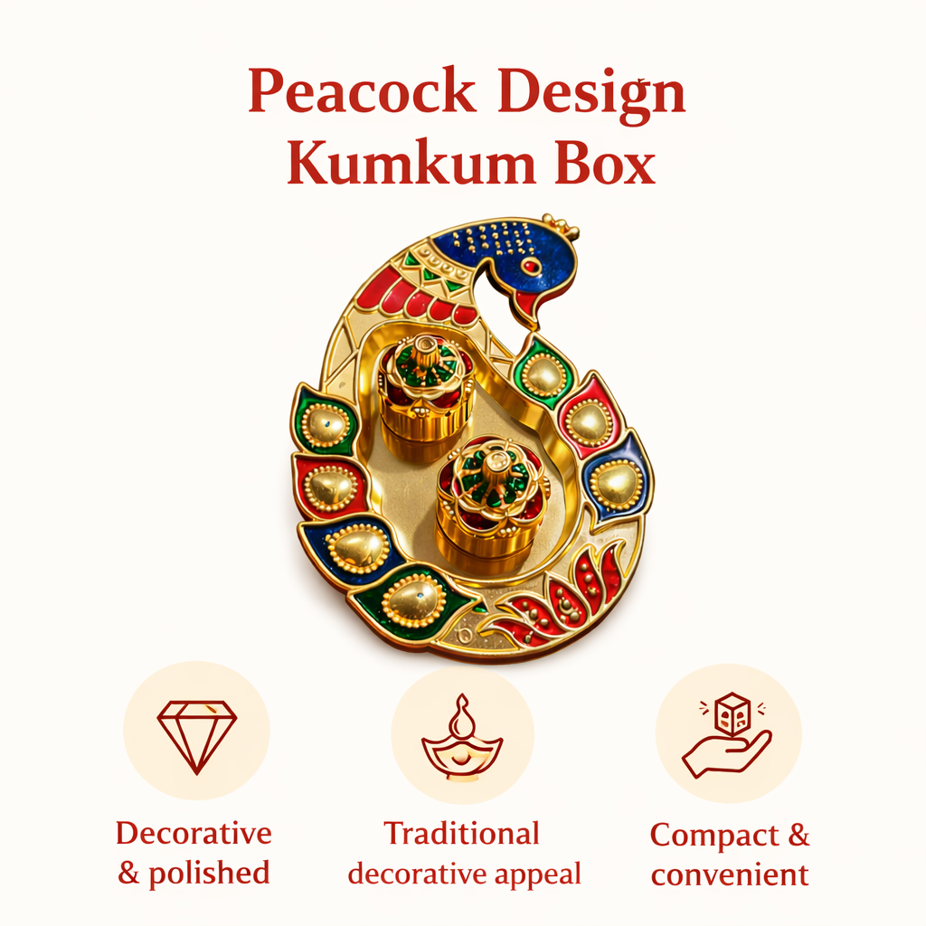 Peacock Design Kumkum Box with decorative elements on a white background