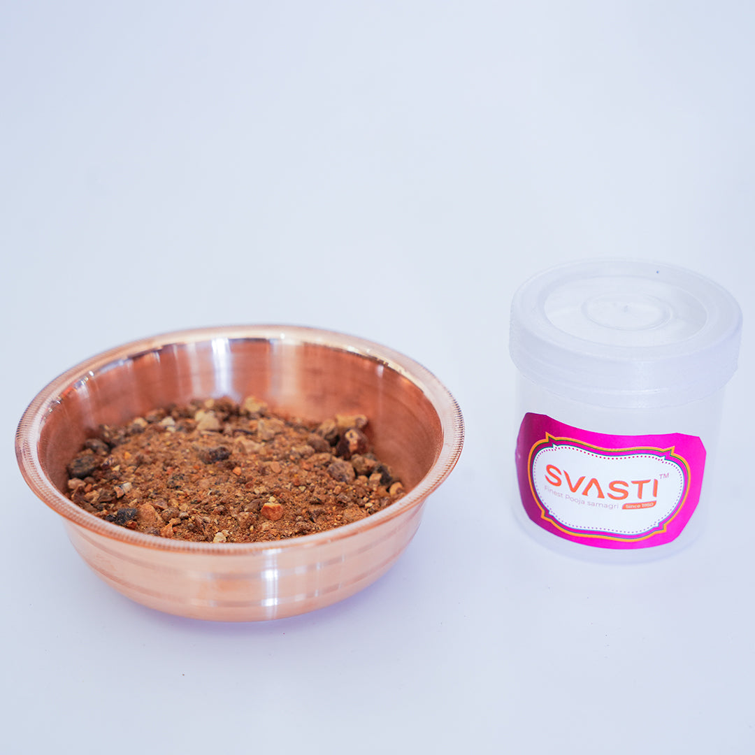 A detailed macro view highlighting the smooth, fine-grained, light brown consistency of loose samrani powder poured inside a brass ritual bowl.