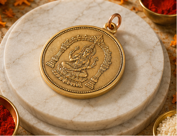 Collage of a gold pendant with intricate designs on a marble stand, surrounded by religious offerings.