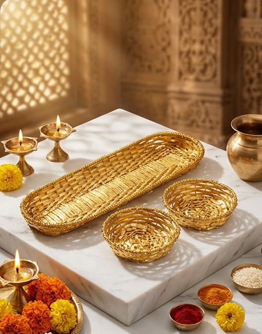 Traditional Designer Pooja Tray & Baskets Set (Gold)