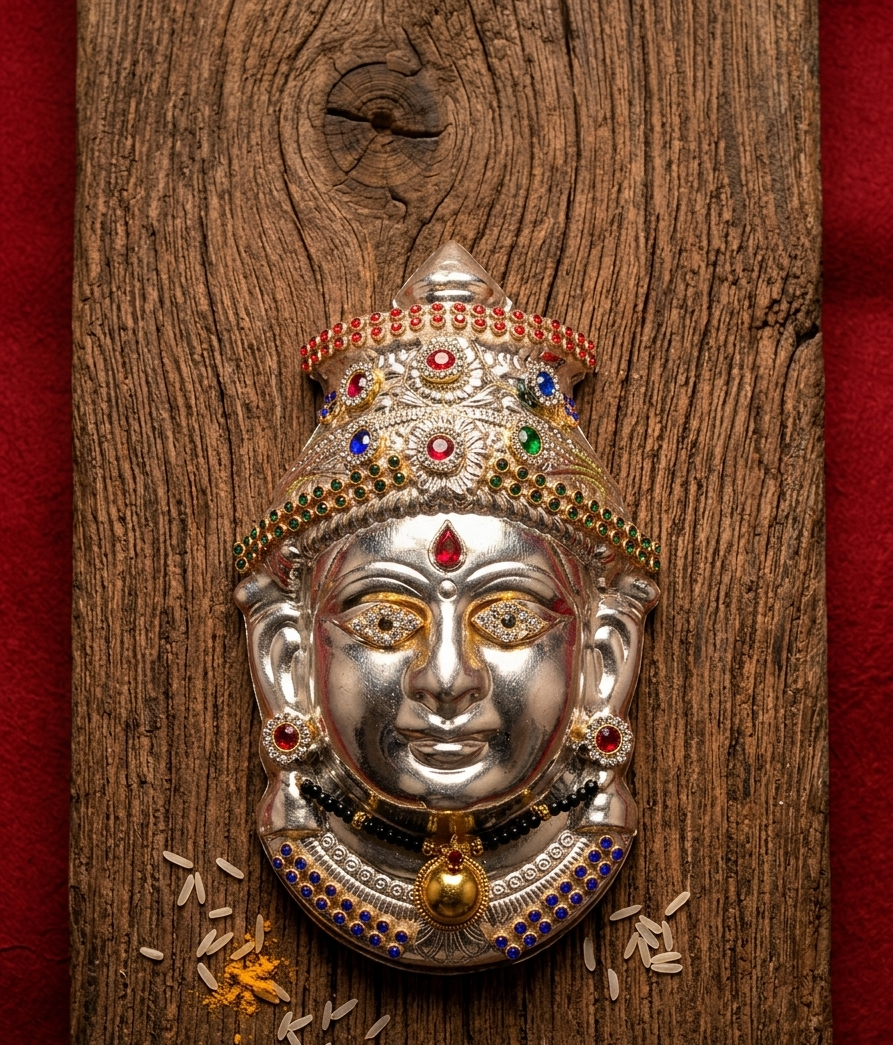 A silver-toned metal wall plaque depicting a Hindu deity's face, adorned with colorful gemstone-like accents and a crown, mounted on a rustic wooden board with red fabric borders.