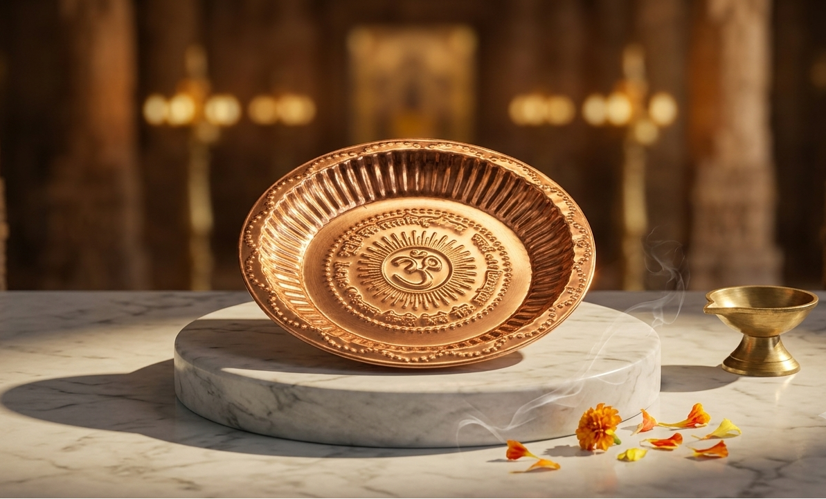 Decorative copper dish on a marble pedestal with a blurred background