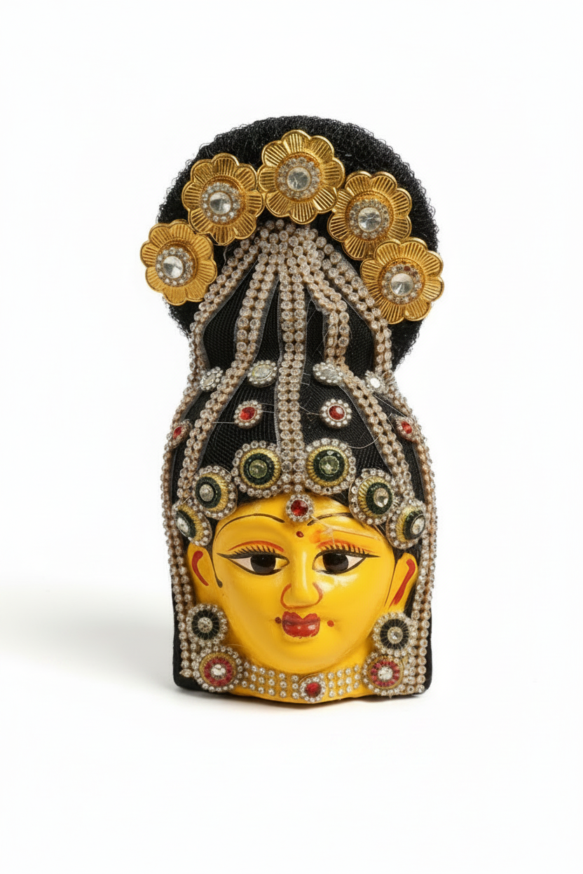 A decorative yellow face mask or figurine with an ornate black headdress embellished with gold flower motifs, beaded strands, and small red and green accents, shown on a plain white background.