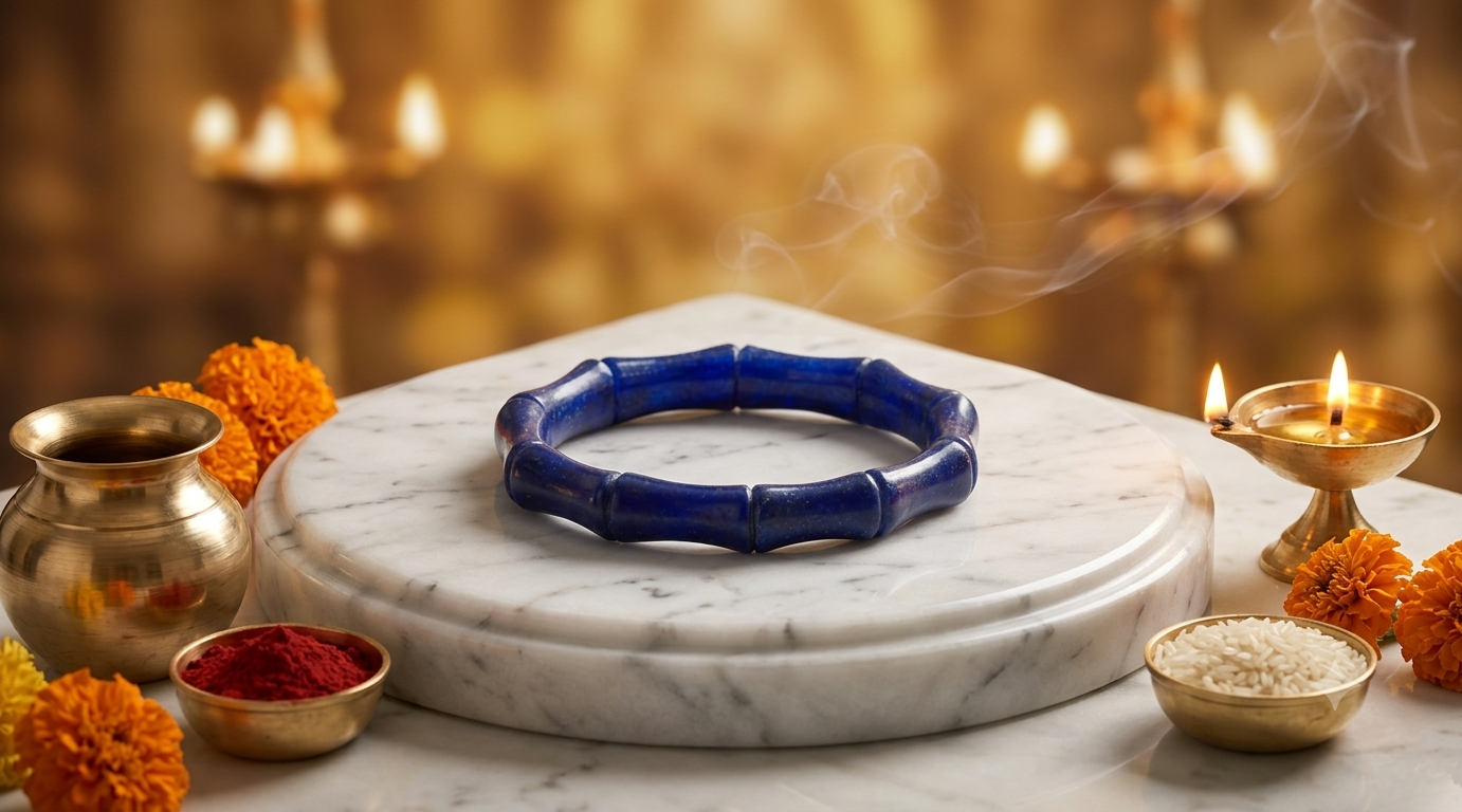 Blue bracelet on a marble tray with decorative elements and candles in the background