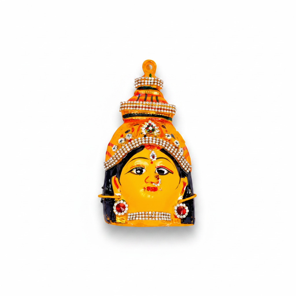 A colorful enamel pendant depicting a stylized face with an ornate headdress, shown on a dark textured slate background.