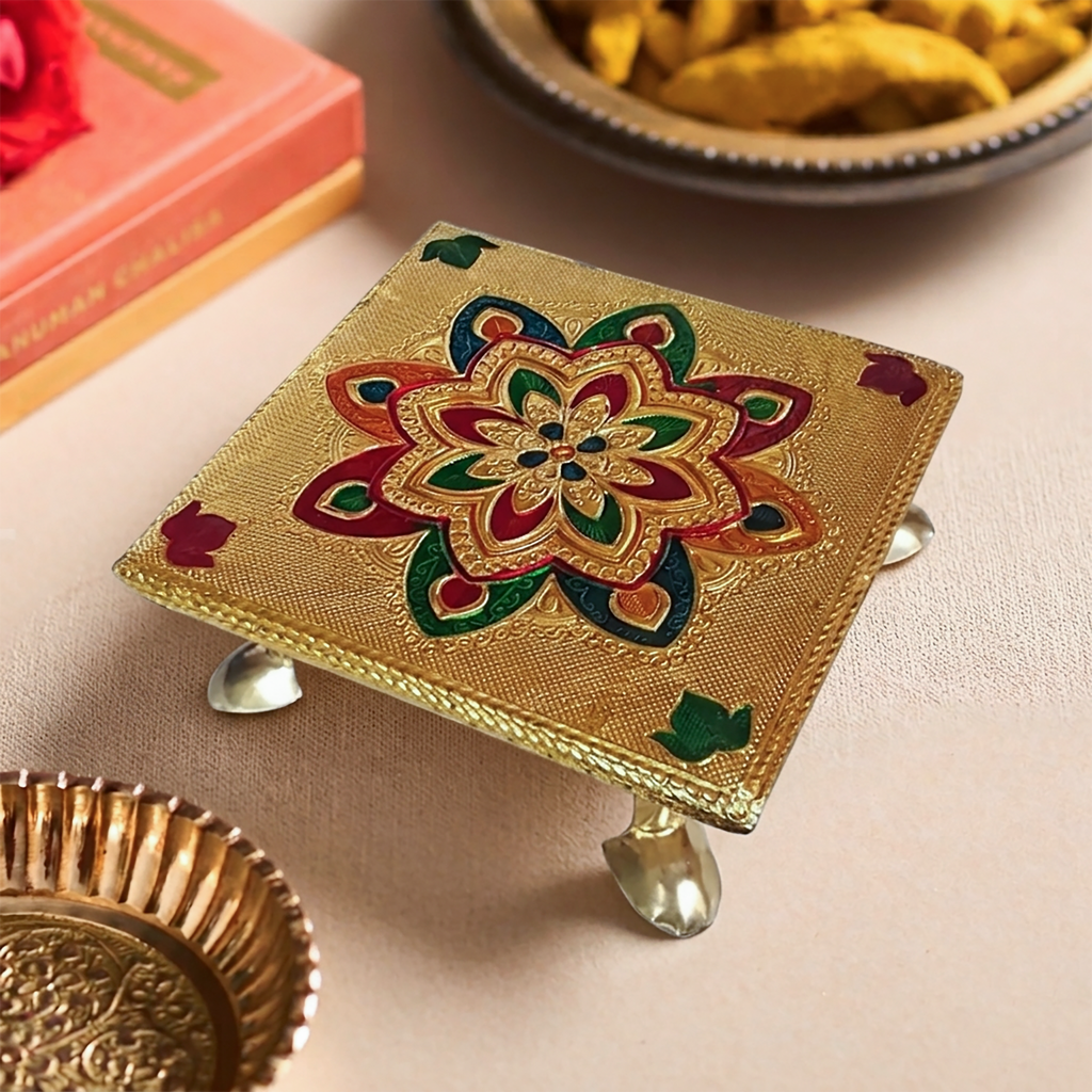 Gold-Plated Metal Pooja Chowki – 5x5 Meenakari Peeta