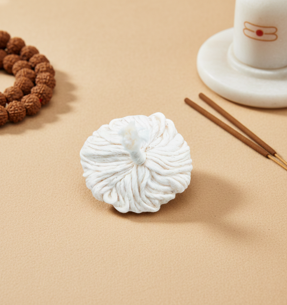 White knot on a beige surface with a brown bracelet, white cup, and wooden sticks in the background.