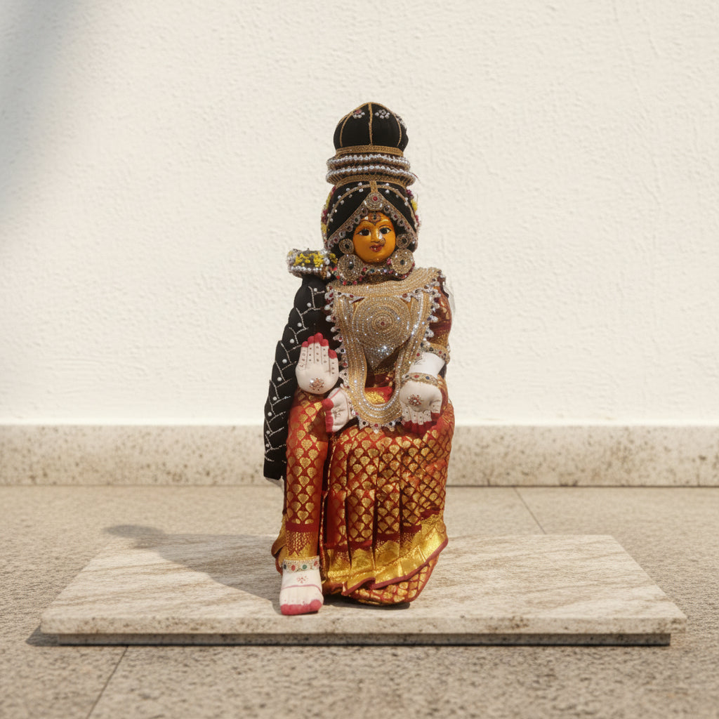 A decorative figurine of a seated woman in ornate traditional clothing holding two children, displayed on a stone slab against a plain off-white wall.
