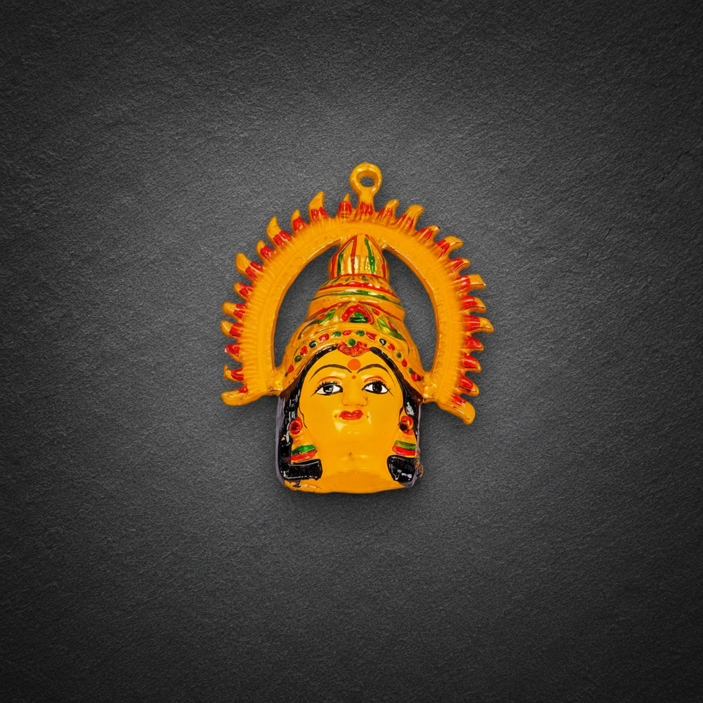 A small hand-painted clay pendant of a Hindu deity, likely Lord Hanuman, featuring a bright yellow face and crown with red, orange, and green accents, displayed on a dark gray textured slate background.