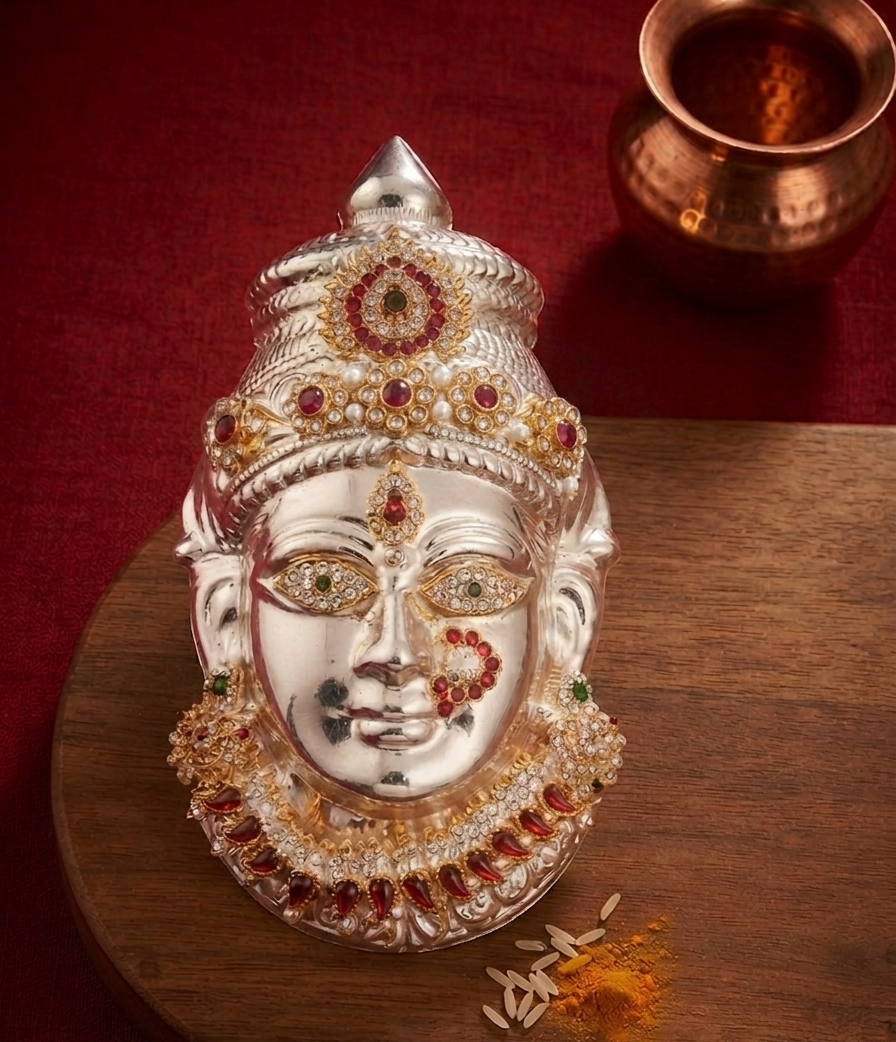 A silver-toned deity head sculpture adorned with red and gold gemstone details, displayed on a wooden tray against a dark red background with a copper pot in the upper right.
