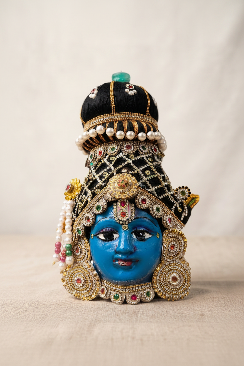 A decorative blue-skinned idol or figurine with an ornate black and gold crown, pearl strands, and multicolored jeweled details, photographed against a soft beige fabric background.