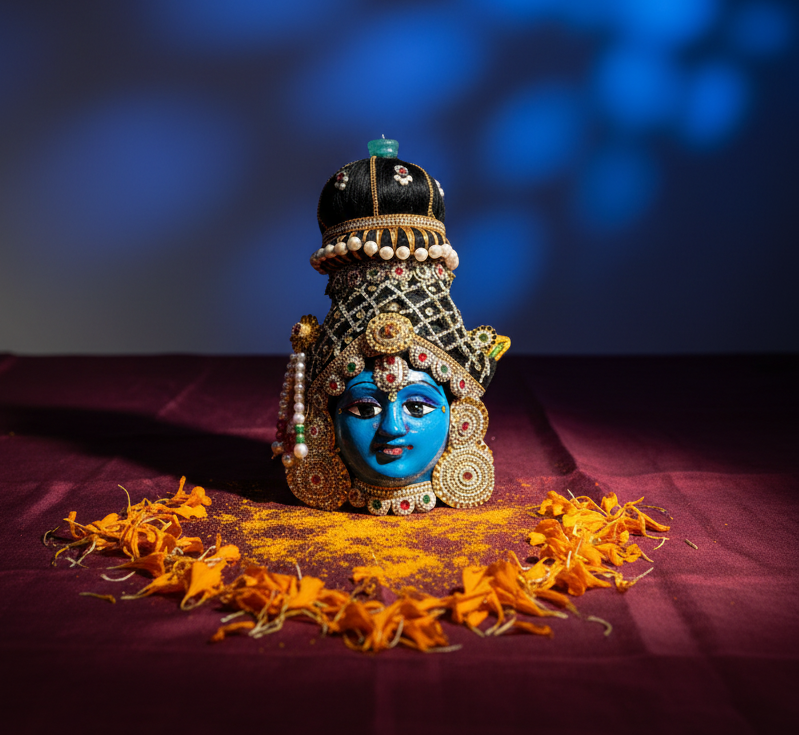A decorative blue-skinned idol or figurine with an ornate black and gold crown, pearl strands, and multicolored jeweled details, photographed against a soft beige fabric background.