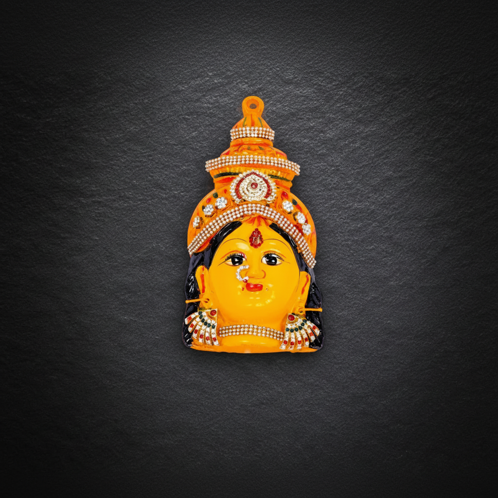 A colorful decorative pendant or charm shaped like a stylized face with an ornate headdress, shown against a dark textured background.