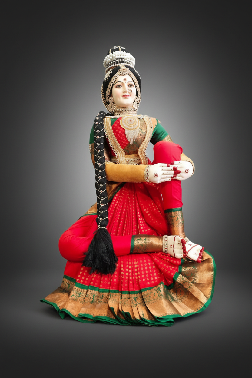 Idol of Goddess Lakshmi seated, adorned with traditional clothing and jewelry, with a backdrop of colorful fabrics and floral decorations.