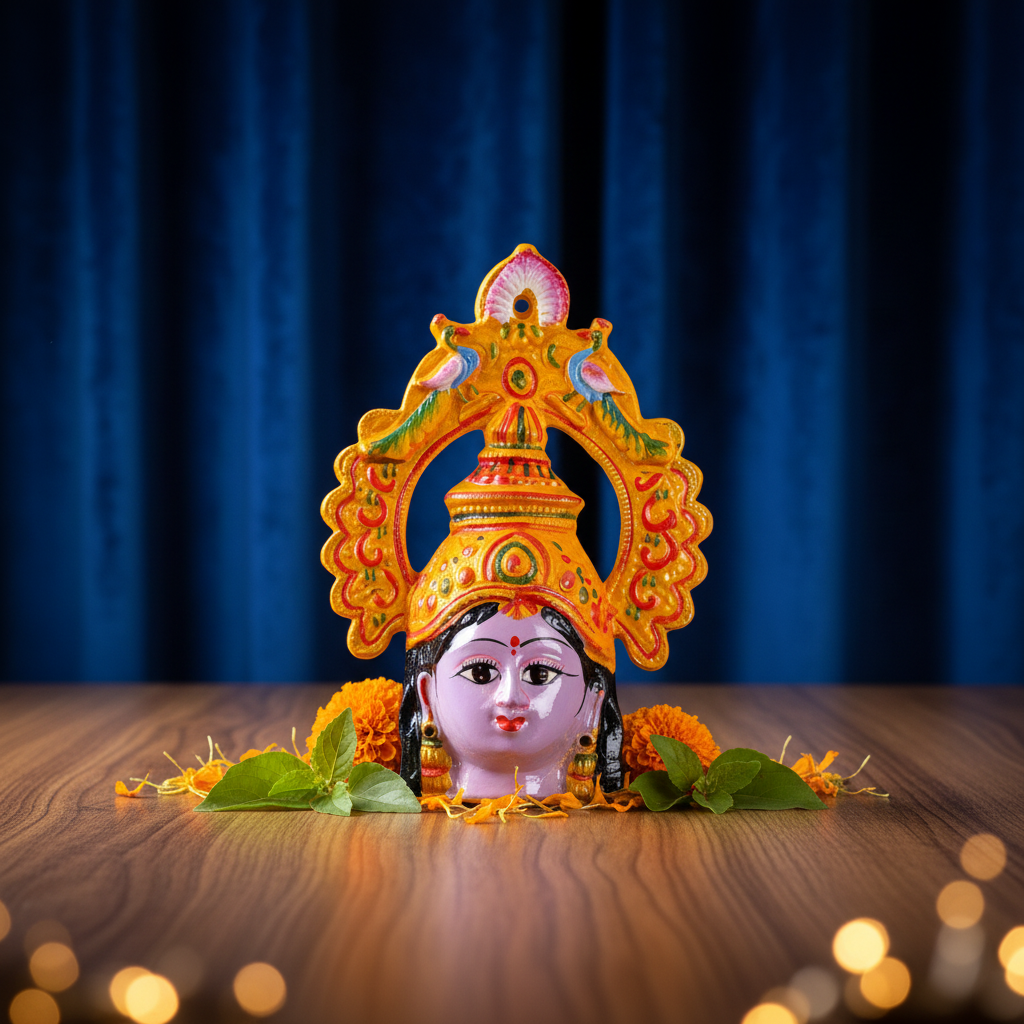 A colorful decorative idol of a Hindu goddess, likely Lakshmi, featuring a light purple face, black hair, and an ornate golden-yellow crown and arch with pink, green, and blue painted details, set against a dark gray gradient background.