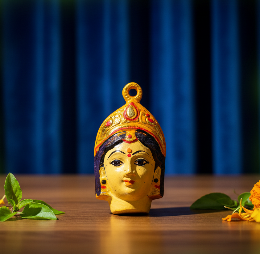 A small decorative pendant or charm shaped like a stylized face wearing an ornate yellow-orange crown, shown centered on a dark gray gradient background.