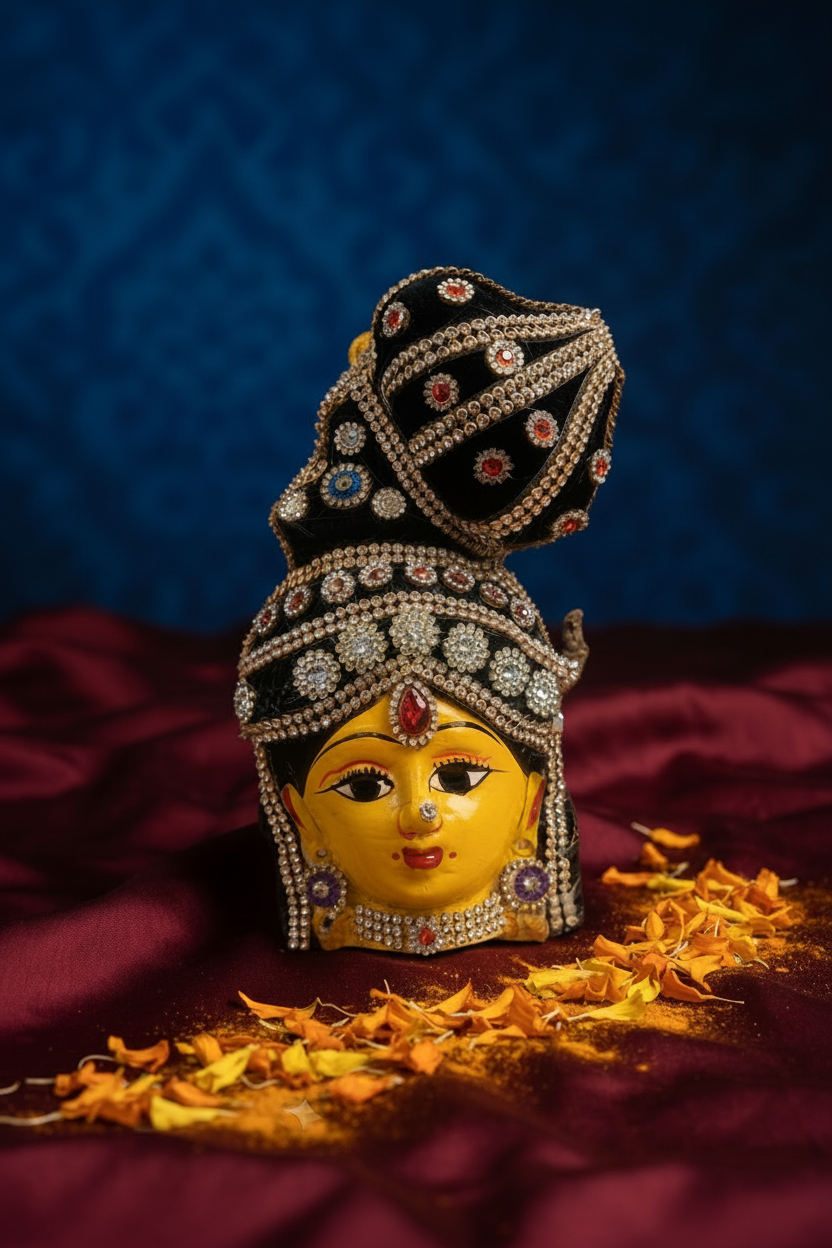 A decorative yellow mask or idol head with an ornate black and silver jeweled headdress, displayed on a dark red fabric surface with scattered orange flower petals against a deep blue background.