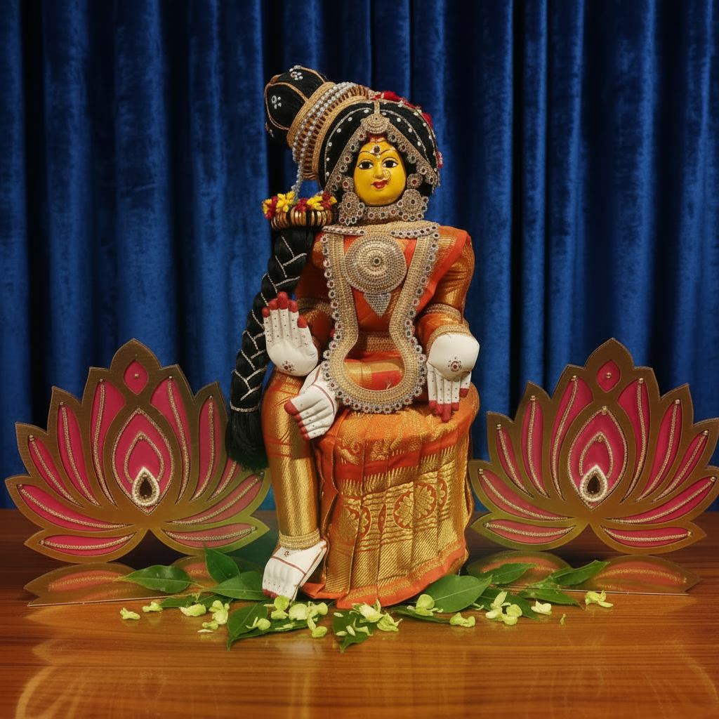 A decorative Hindu deity statue seated on a lotus throne, wearing an orange and gold sari with silver jewelry and a black-and-gold headdress, set against a bright turquoise background.
