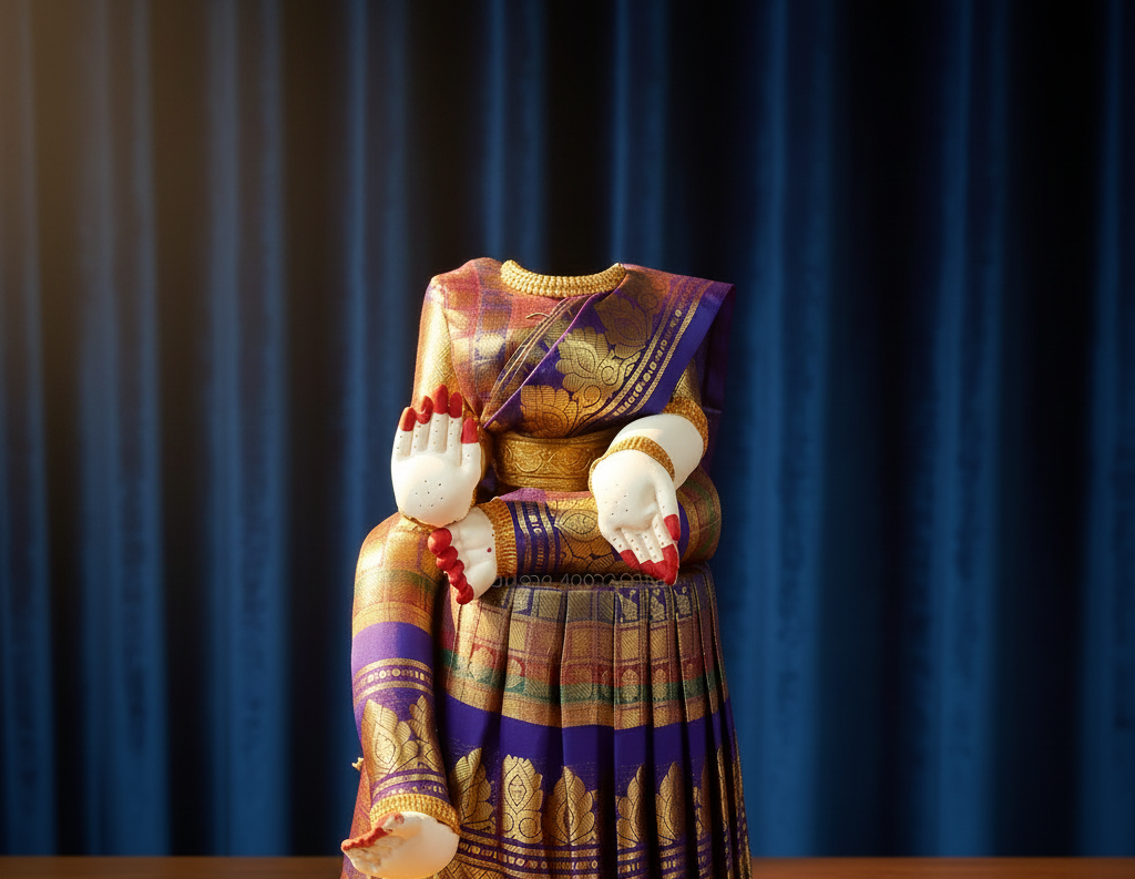 A traditional Indian saree displayed on a mannequin torso against a dark gray gradient background. The saree features a rich purple and gold silk body with intricate gold zari embroidery, a gold border, and white fabric cuffs with red painted nail details.