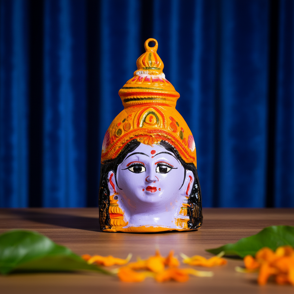 A hand-painted clay figurine of a Hindu goddess, likely Lakshmi, featuring a light purple face, black hair, and an orange and yellow ornate headdress, set against a dark gray gradient background.