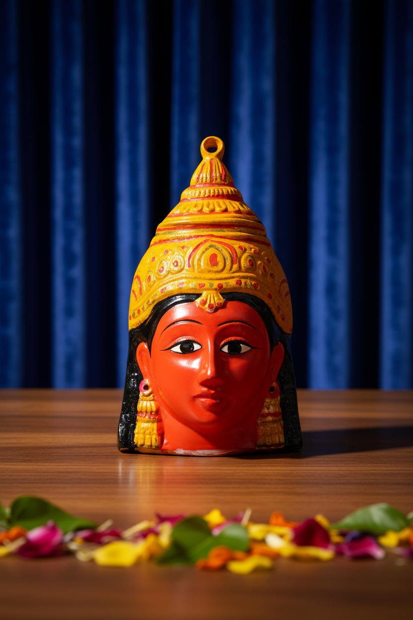 A colorful decorative hanging wall piece shaped like a stylized face wearing an ornate yellow and orange crown, shown against a dark gray gradient background.