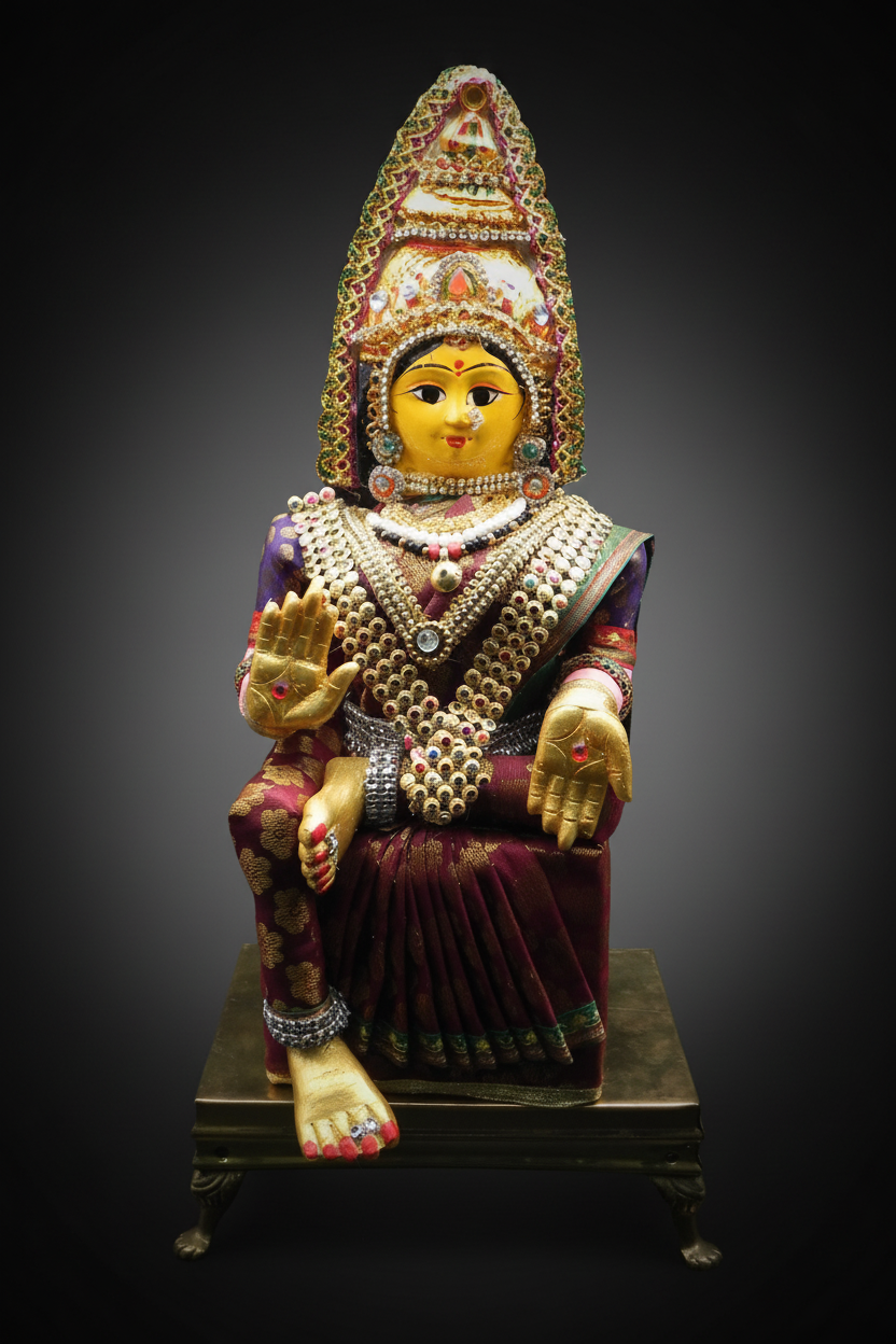 A seated idol of Lakshmi with a Kanjivaram saree, decorated with Kundans and other jewelry.
