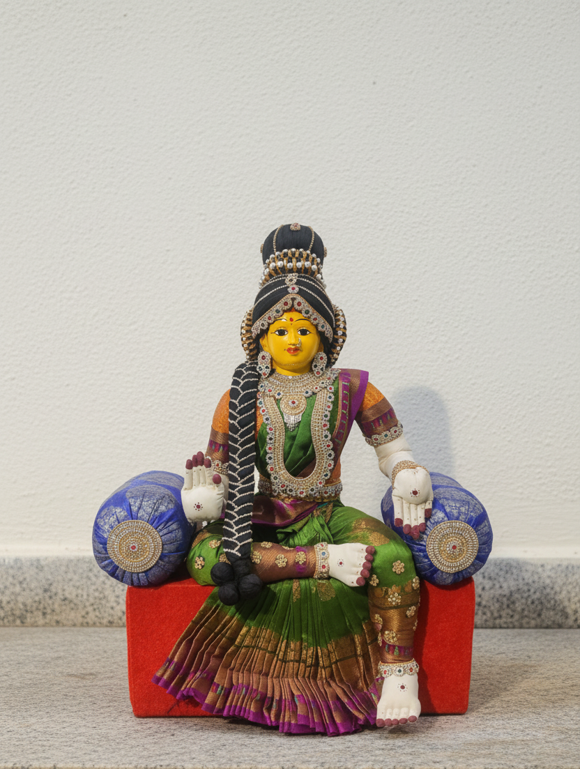 A colorful seated Hindu deity figurine, likely Lakshmi, wearing a green and purple sari with gold jewelry, sitting on a red block with blue cylindrical props, photographed against a plain off-white wall.