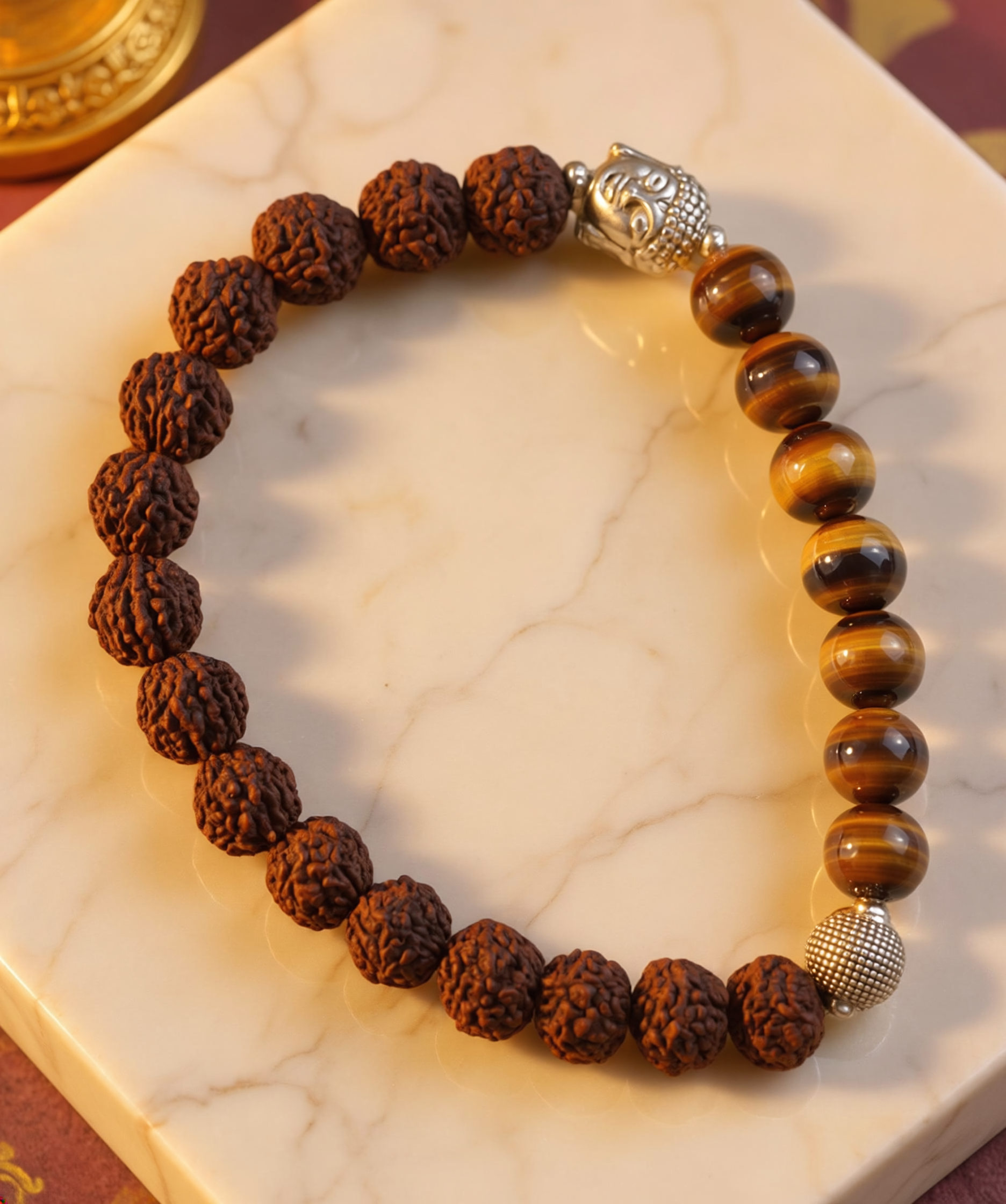 Bracelet with brown and tiger eye beads on a marble surface