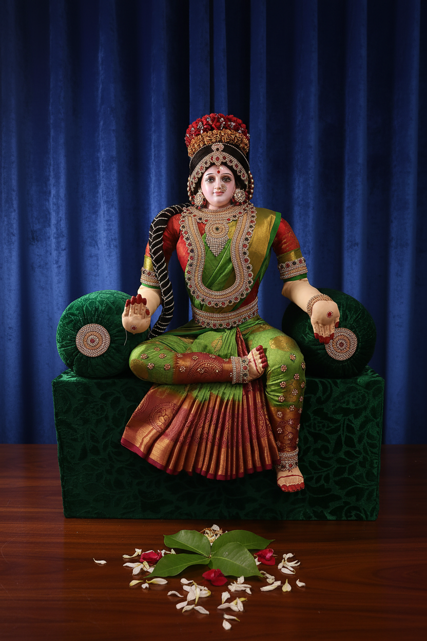 A decorated doll representing the Hindu goddess Lakshmi, seated on a green sofa with ornate details on her attire and a crown on her head.