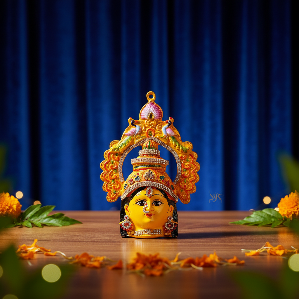 An ornate yellow and gold Hindu deity pendant or wall hanging depicting a face with a detailed crown, birds, and decorative arch, shown against a dark gray gradient background.