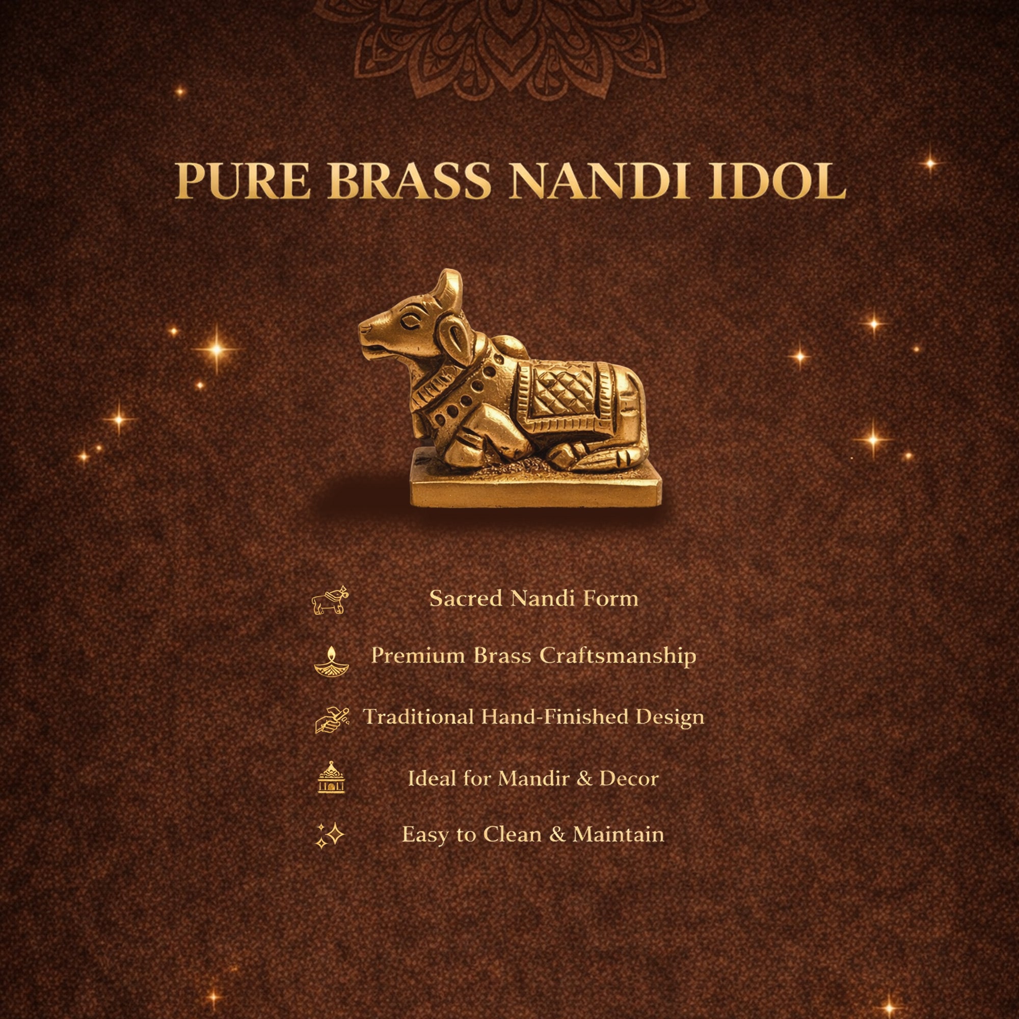 Pure Brass Nandi Idol on a brown background with product features listed.