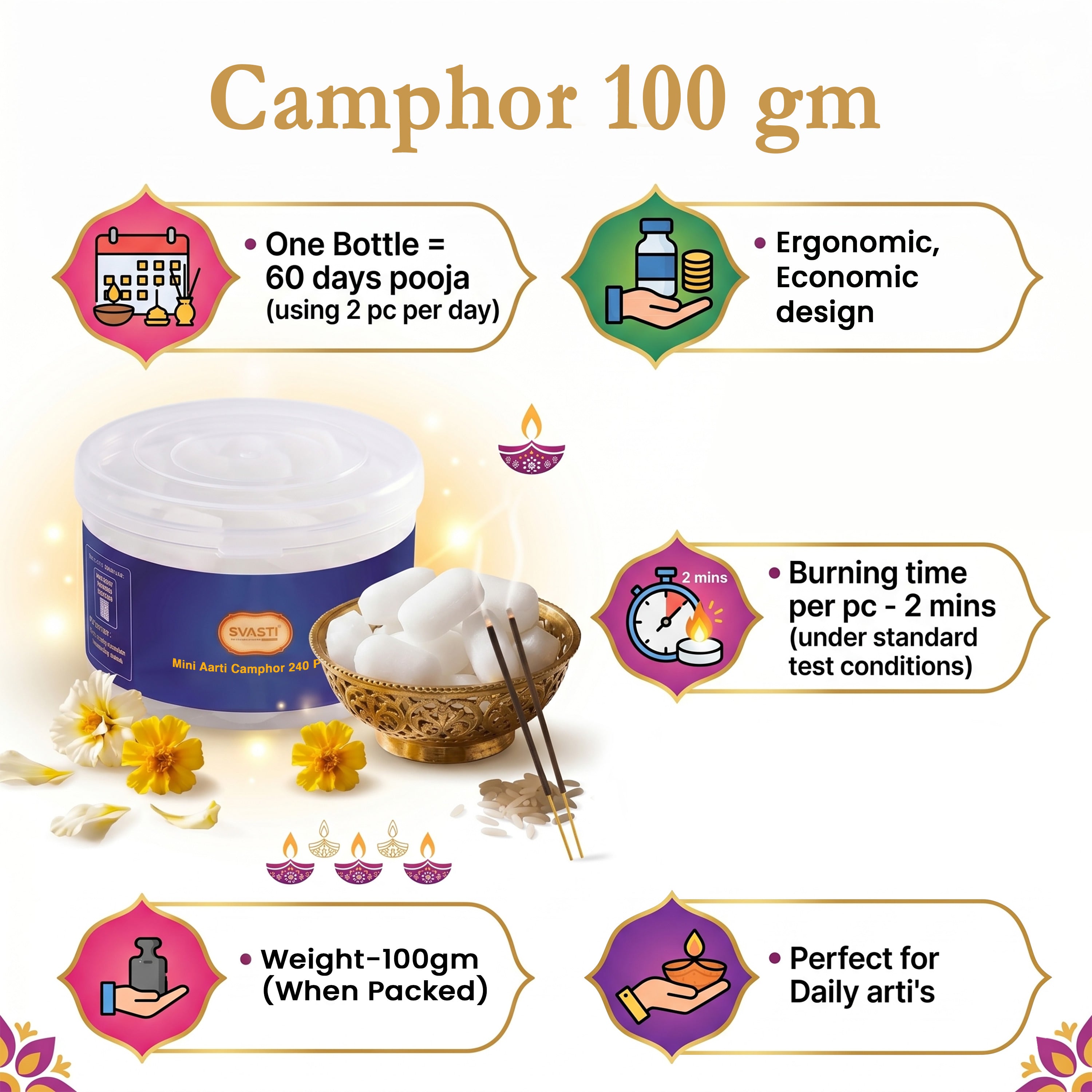 Camphor product with features listed on a white background