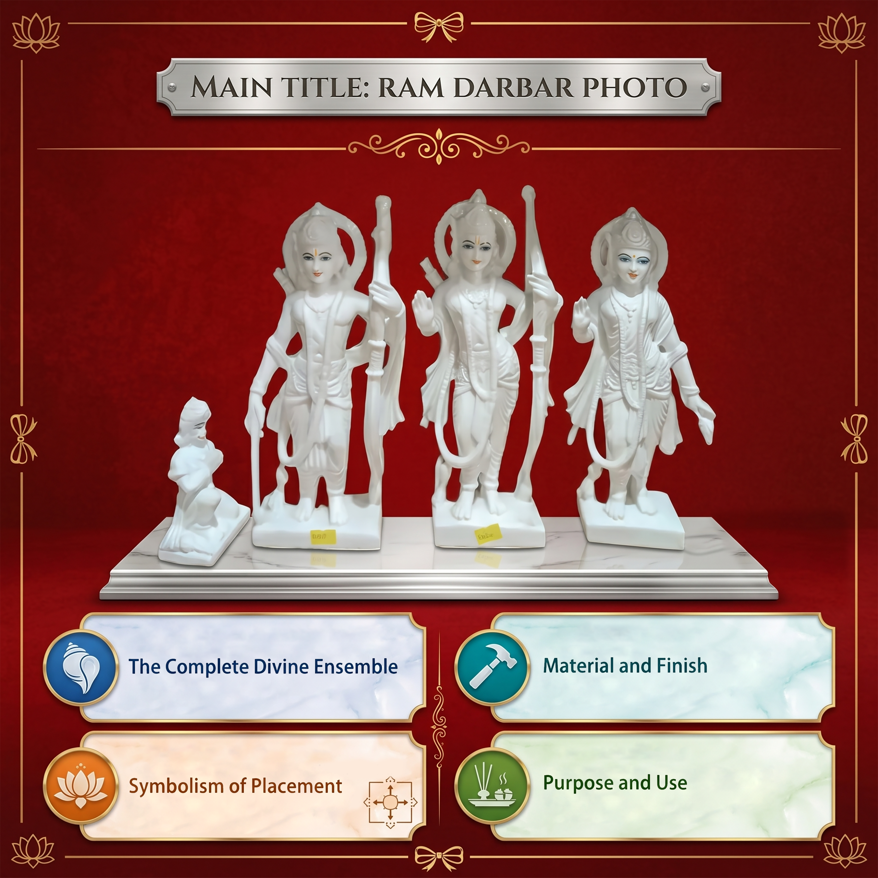 White marble statues of deities on a red background with decorative elements.