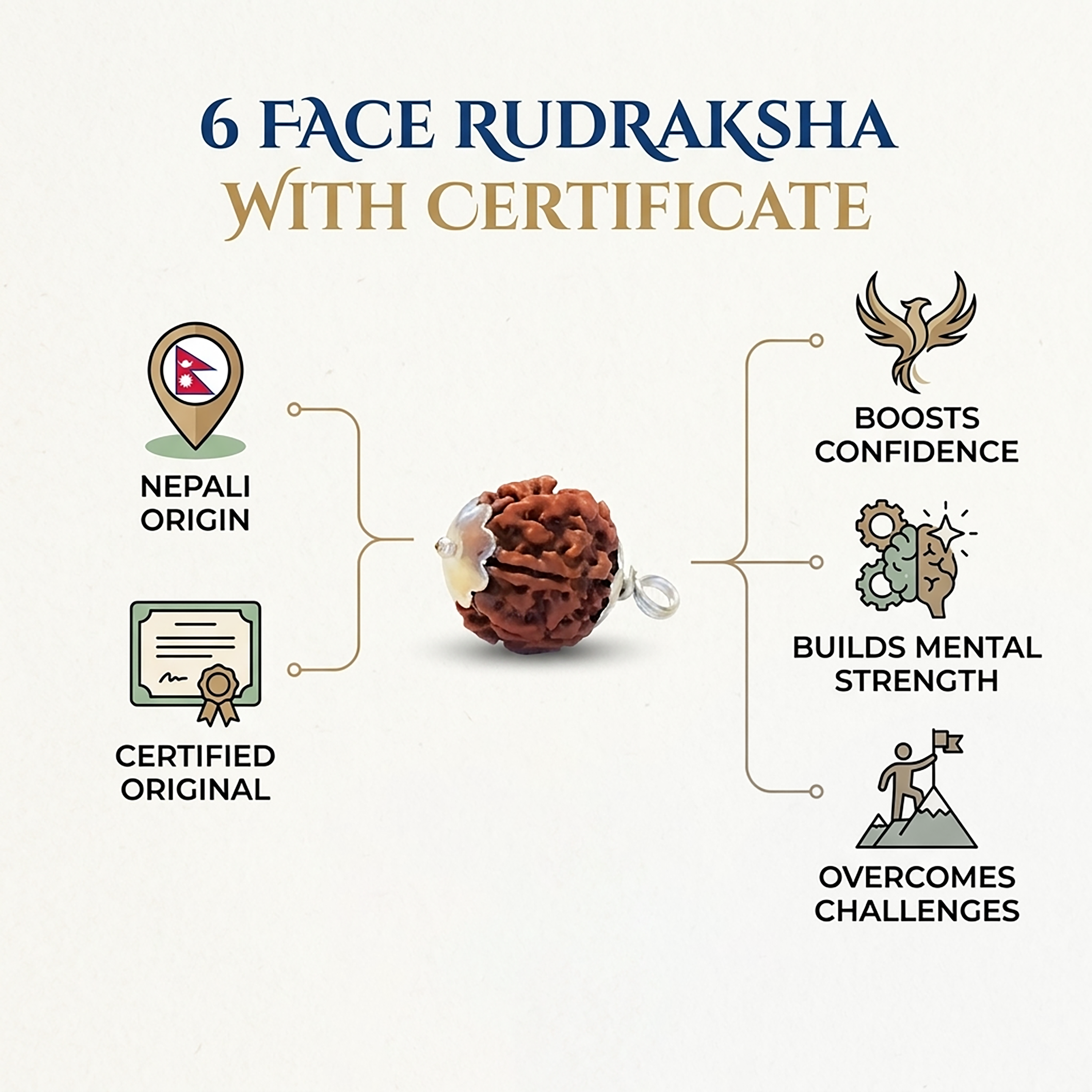Advertisement for 6-face Rudraksha with Nepali origin, certification, and benefits on a light gray background.