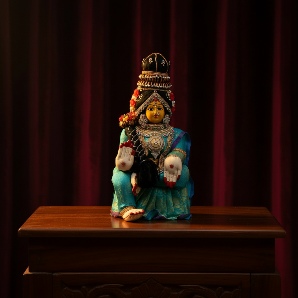A colorful Hindu deity statue, likely Lakshmi, seated on a dark wooden table against a dark red curtain background. The statue is dressed in a vibrant turquoise blue saree with gold patterns, holds a black bag and white skulls, and wears an ornate black and gold headdress decorated with red flowers.