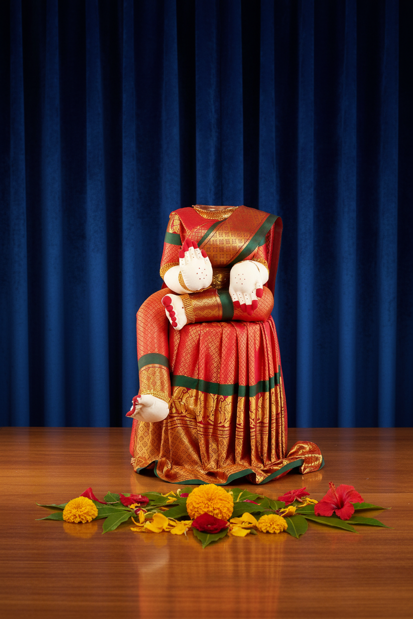 A traditional Indian saree displayed on a mannequin against a plain white background. The saree features a rich red body with gold zari patterns, a green border, and a prominent gold and orange border.