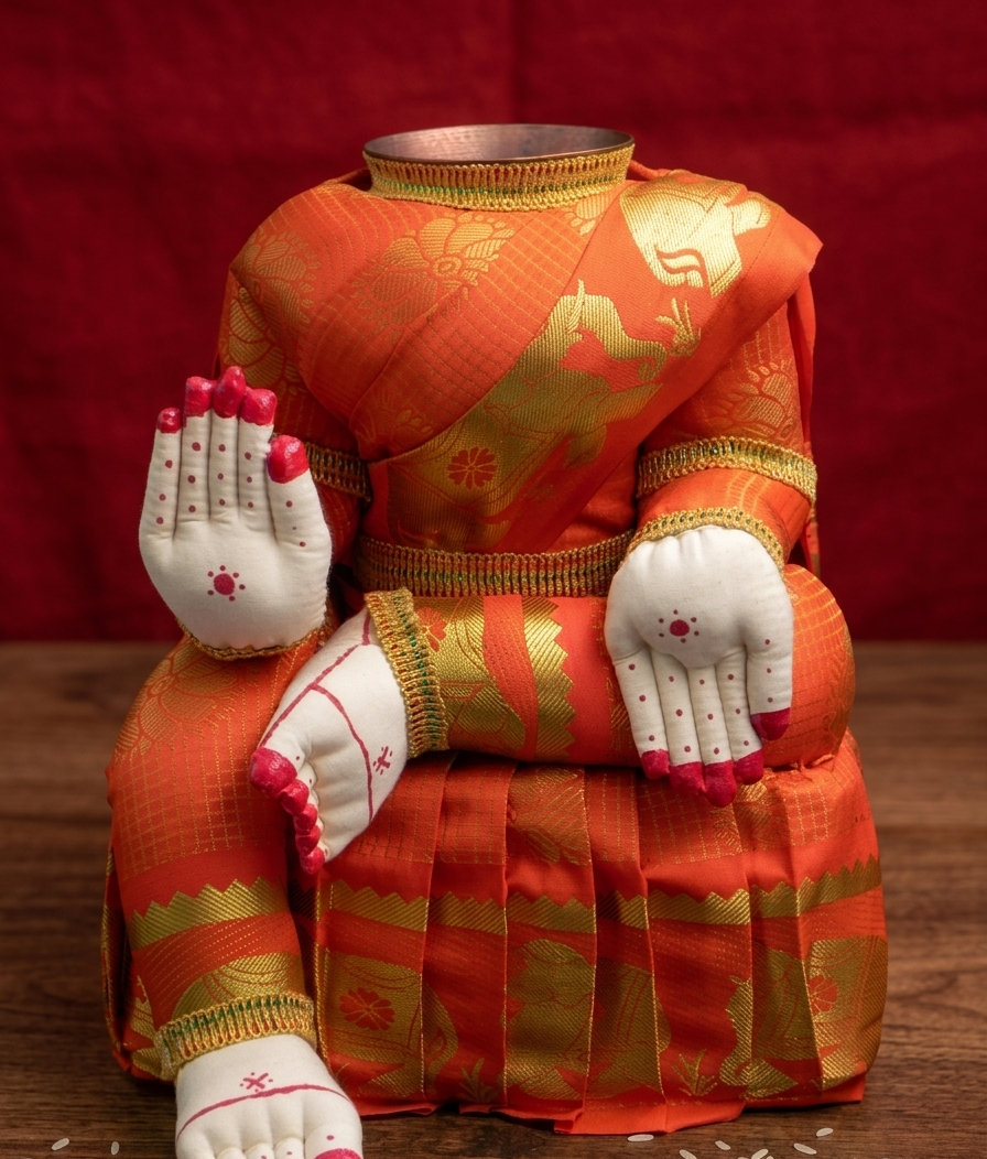 A traditional Indian doll or figurine dressed in an orange and gold patterned sari, seated on a wooden surface against a dark red background. The figure has white hands and feet with pink painted fingertips and soles, and a hollow neck opening at the top.