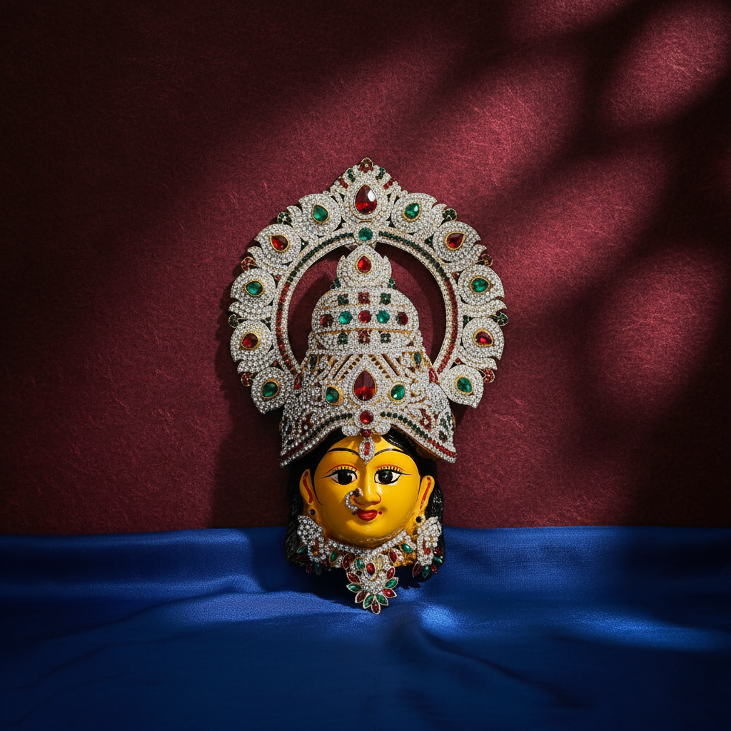A decorative religious brooch depicting the face of the Hindu deity Krishna, adorned with a large, ornate halo-like crown embellished with white stones and red and green gem accents, set against a dark gray textured background.