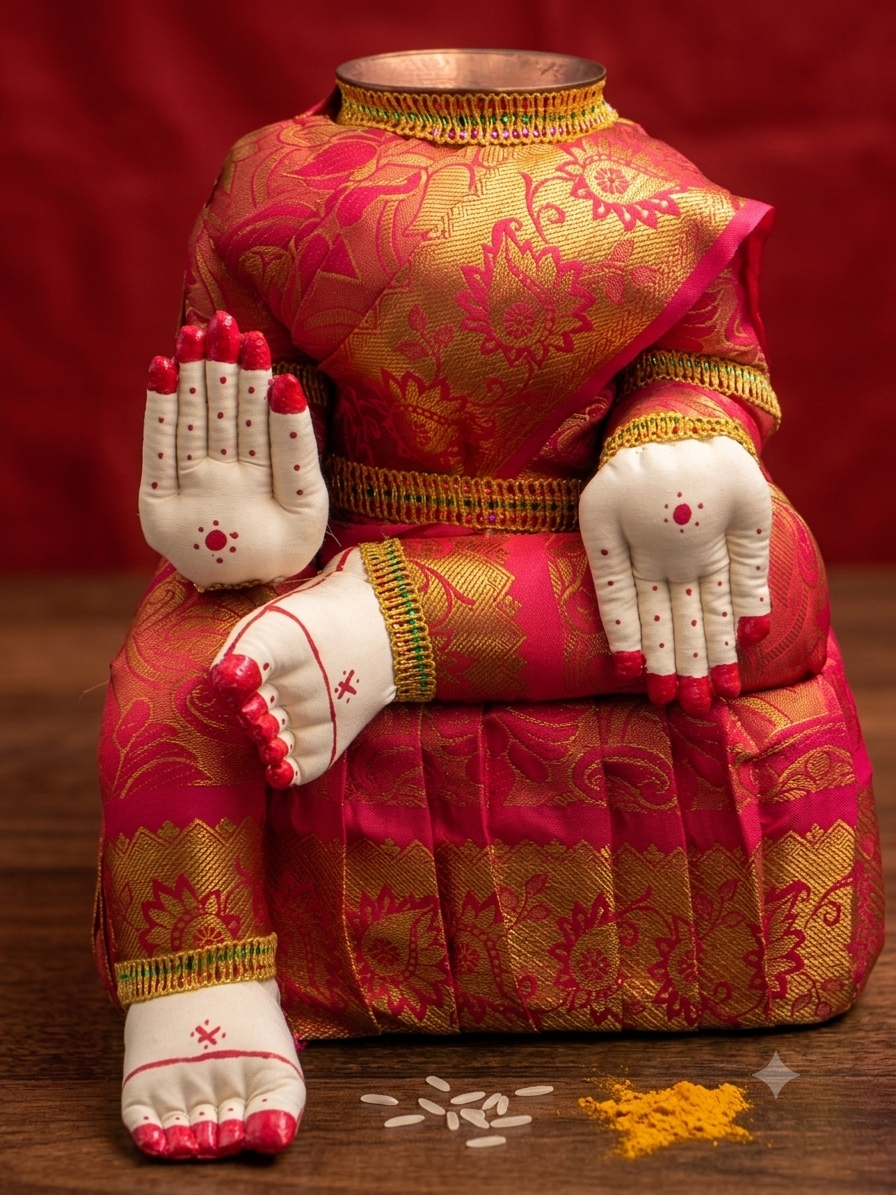 A decorative seated figurine or idol dressed in a rich pink and gold patterned traditional garment, with white hands and feet painted red and decorated with small symbols, set against a dark red backdrop on a wooden surface.
